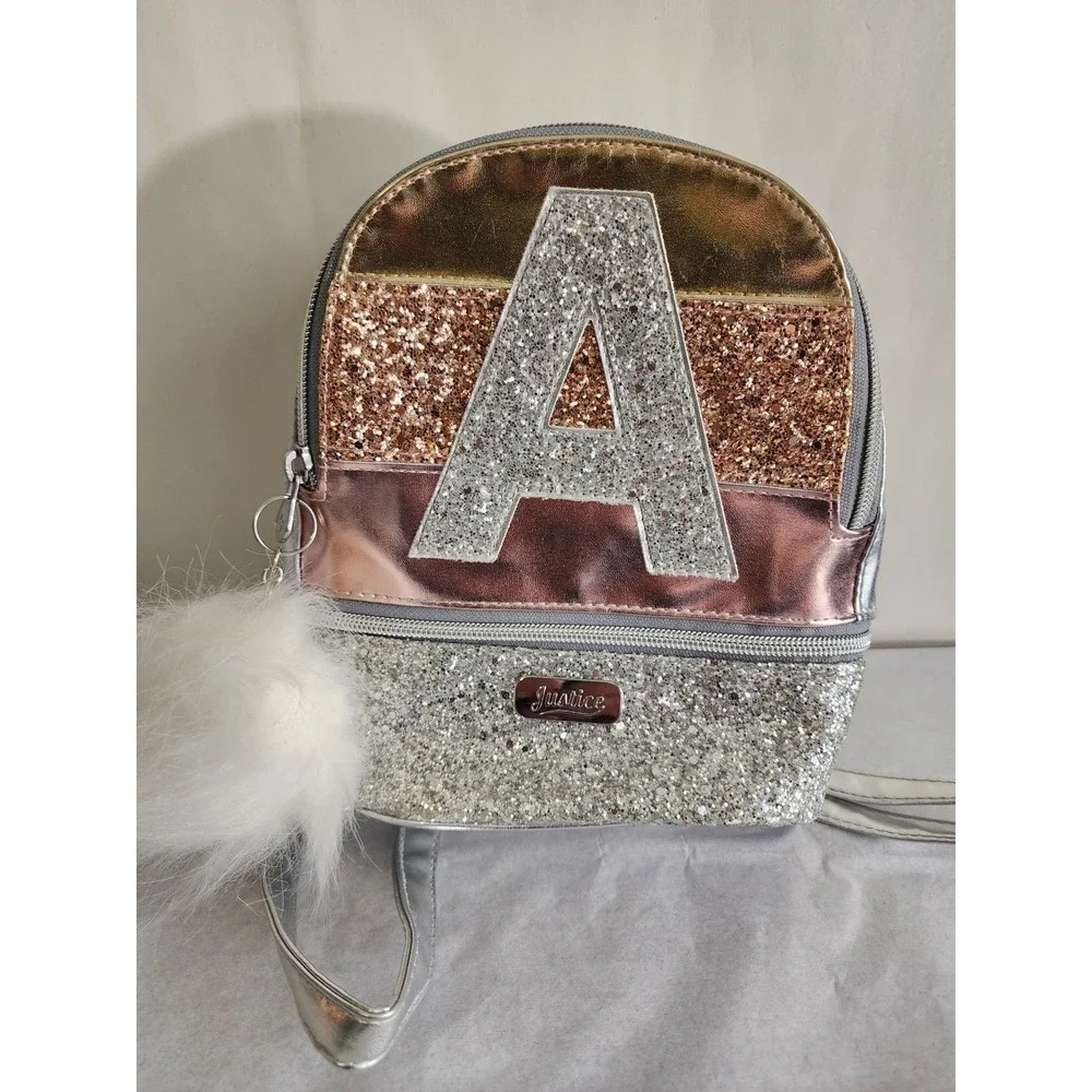 Justice Girls Mini Backpack Initial A Silver Metallic Glitter Pom Pom Charm